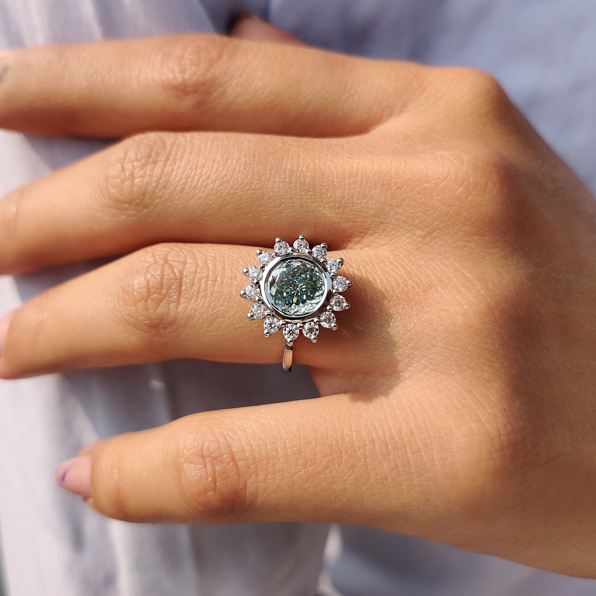 Halo And Bezel Portuguese Cut Engagement Ring