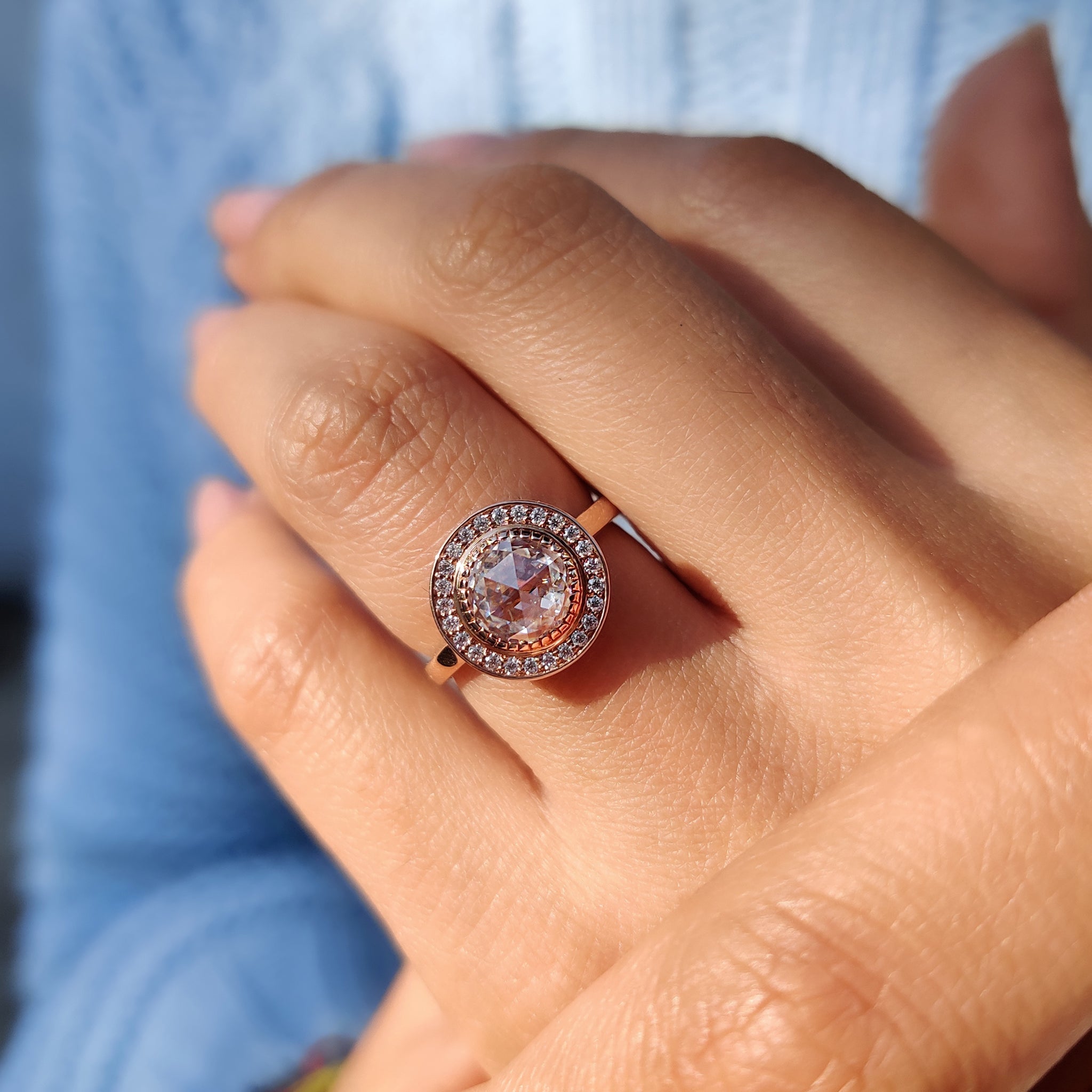 Halo And Bezel Set Round Rose Cut Ring