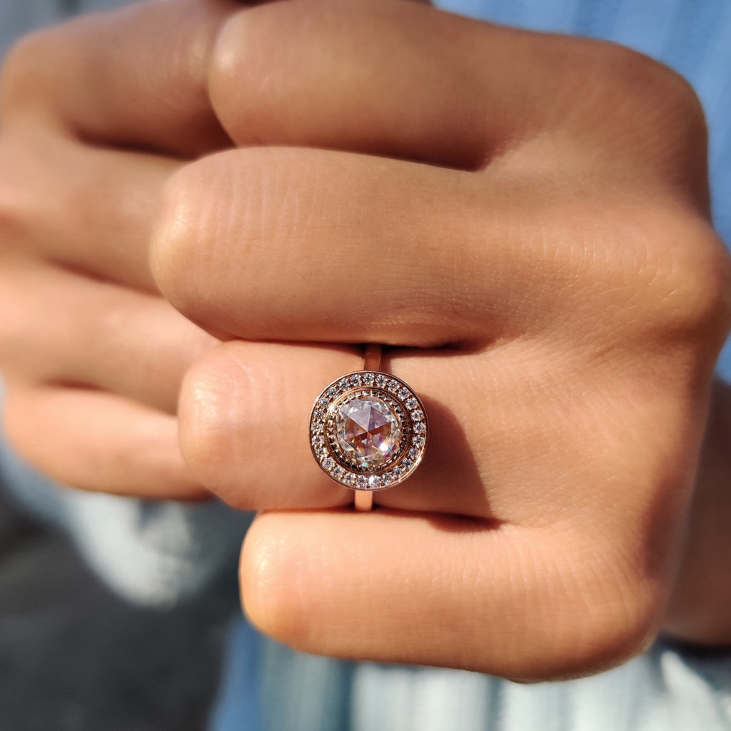 Halo And Bezel Set Round Rose Cut Ring