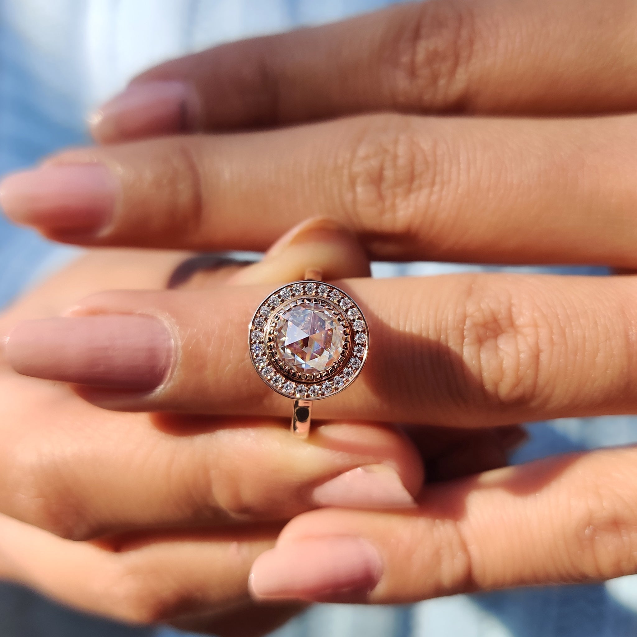 Halo And Bezel Set Round Rose Cut Ring