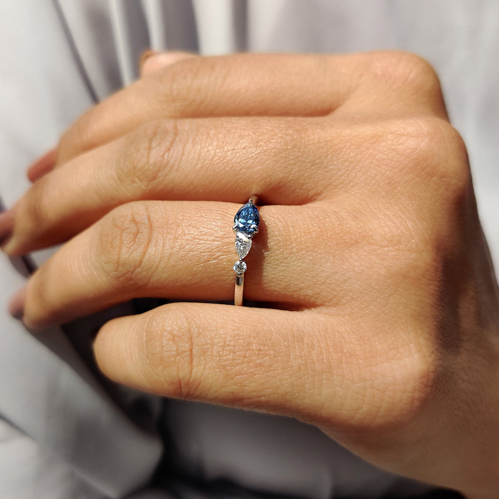 Royal Blue Pear Three Stone Engagement Ring
