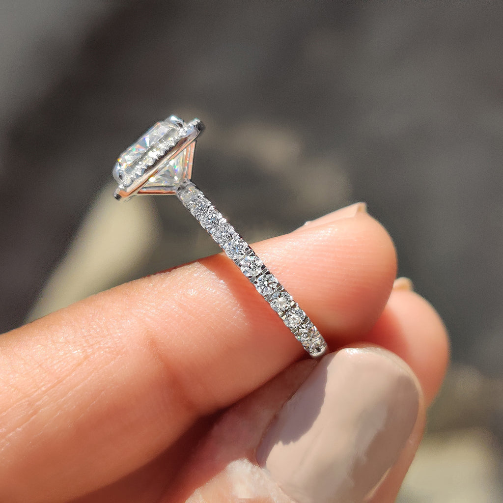 Cushion Cut Halo Engagement Ring in a Pave Band Style