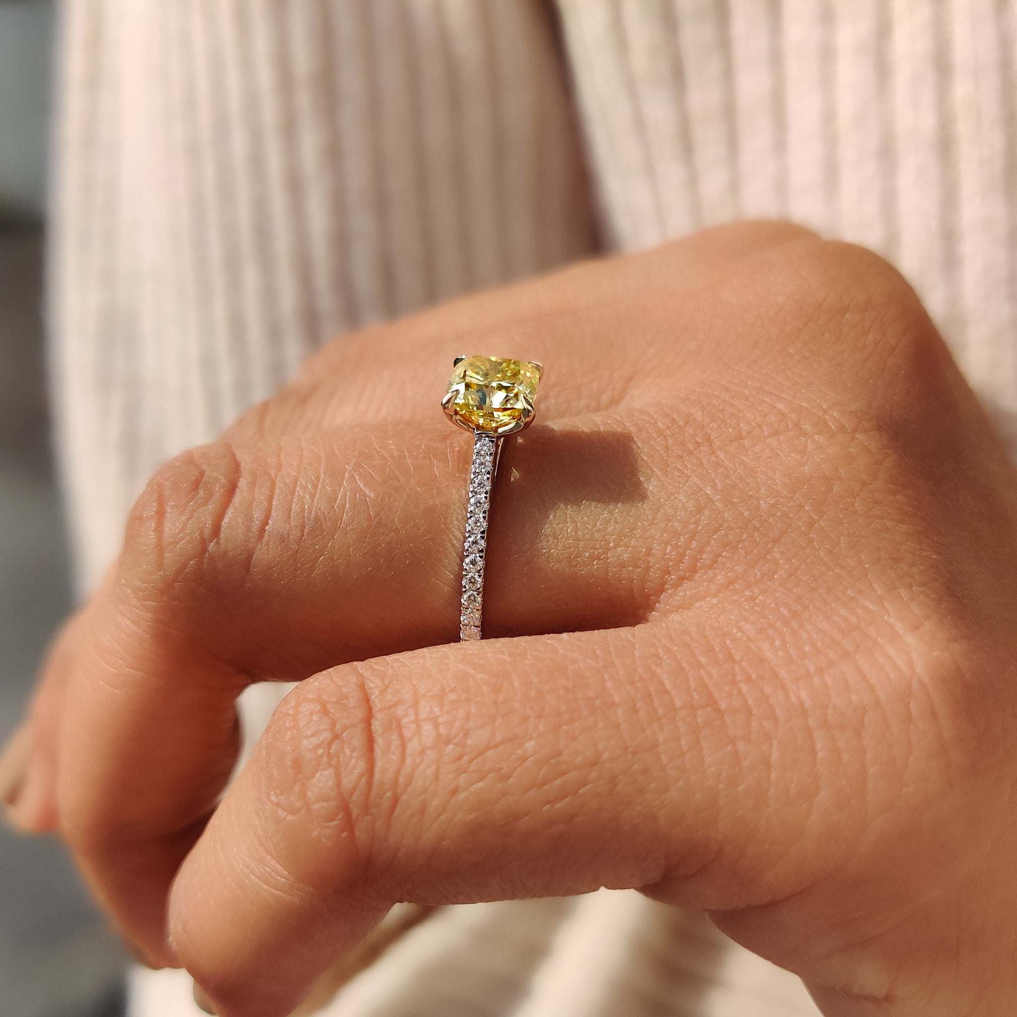 Moissanite Pave Ring With Cushion Canary Yellow Stone