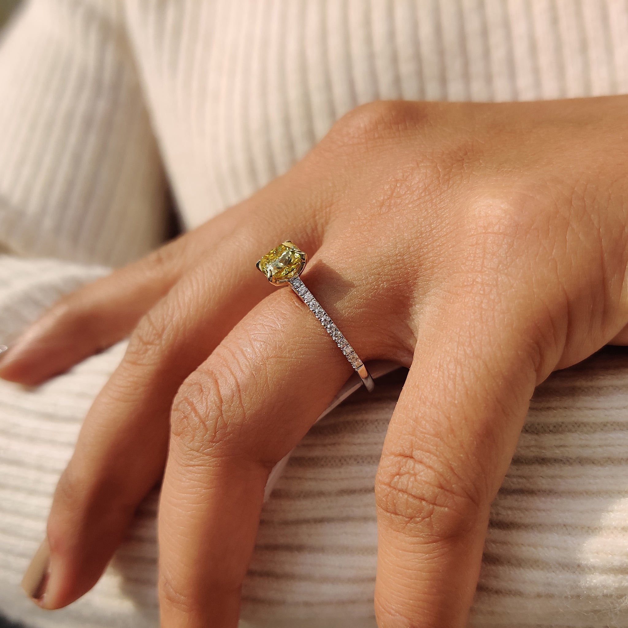 Moissanite Pave Ring With Cushion Canary Yellow Stone