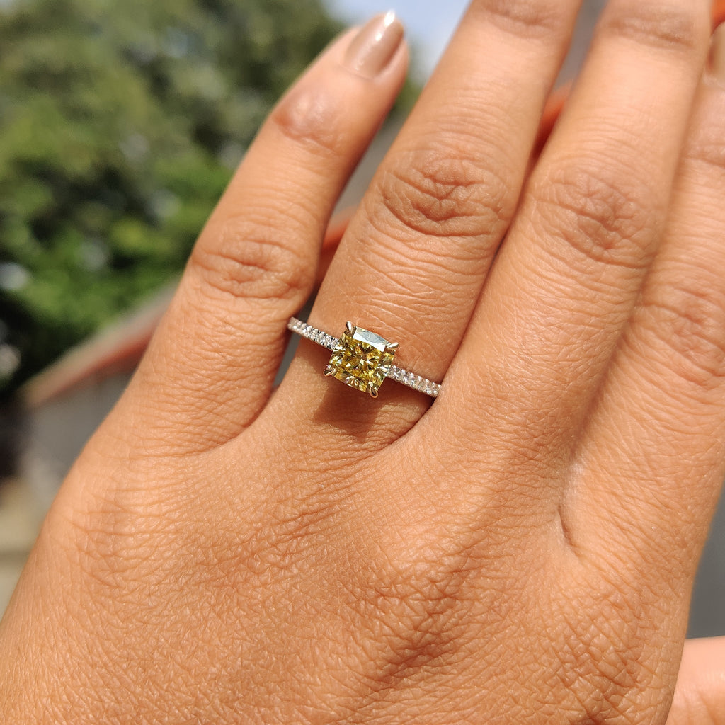 Moissanite Pave Ring With Cushion Canary Yellow Stone