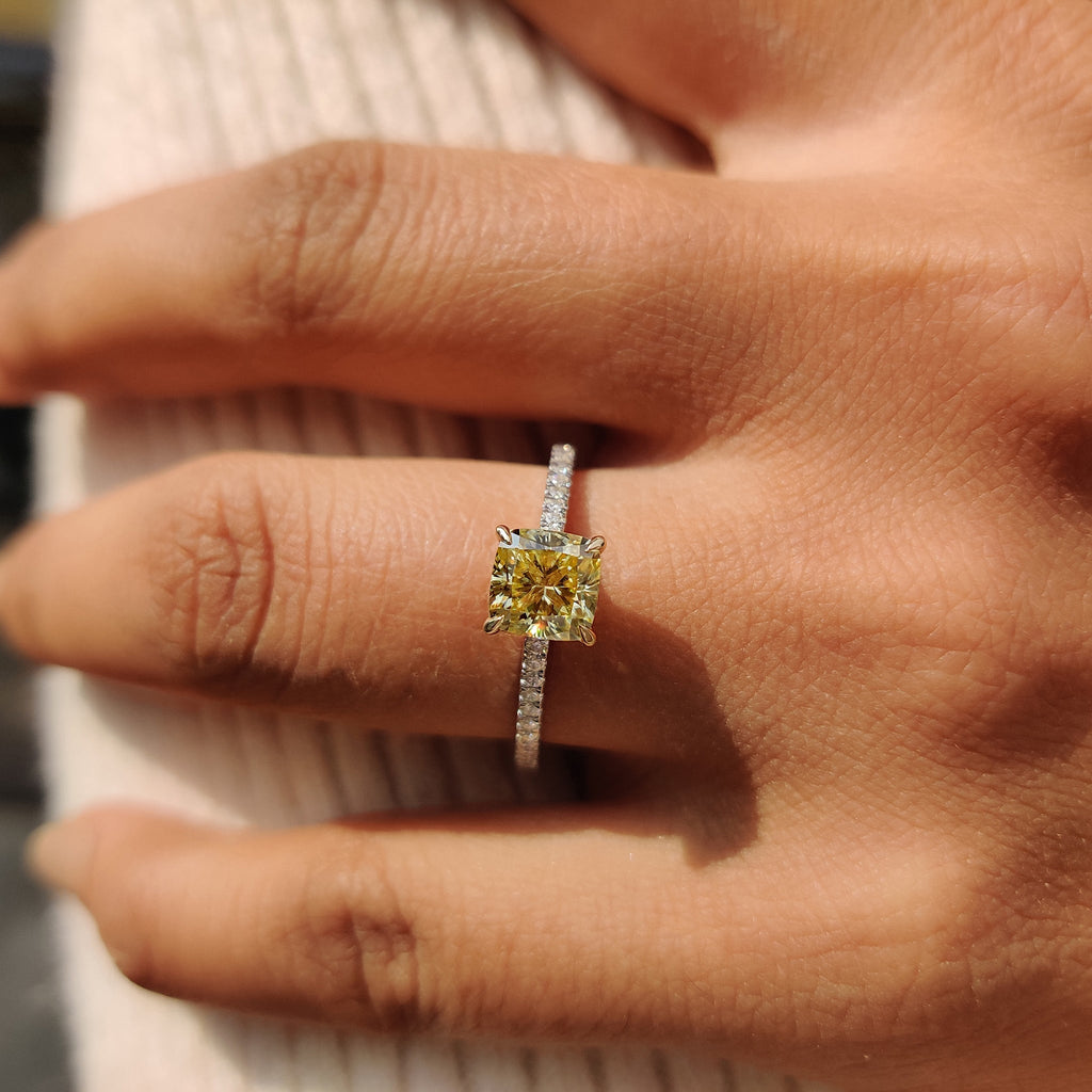 Moissanite Pave Ring With Cushion Canary Yellow Stone