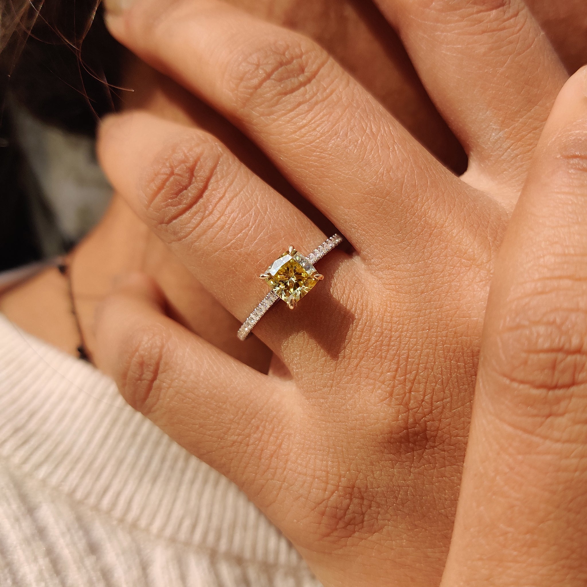 Moissanite Pave Ring With Cushion Canary Yellow Stone