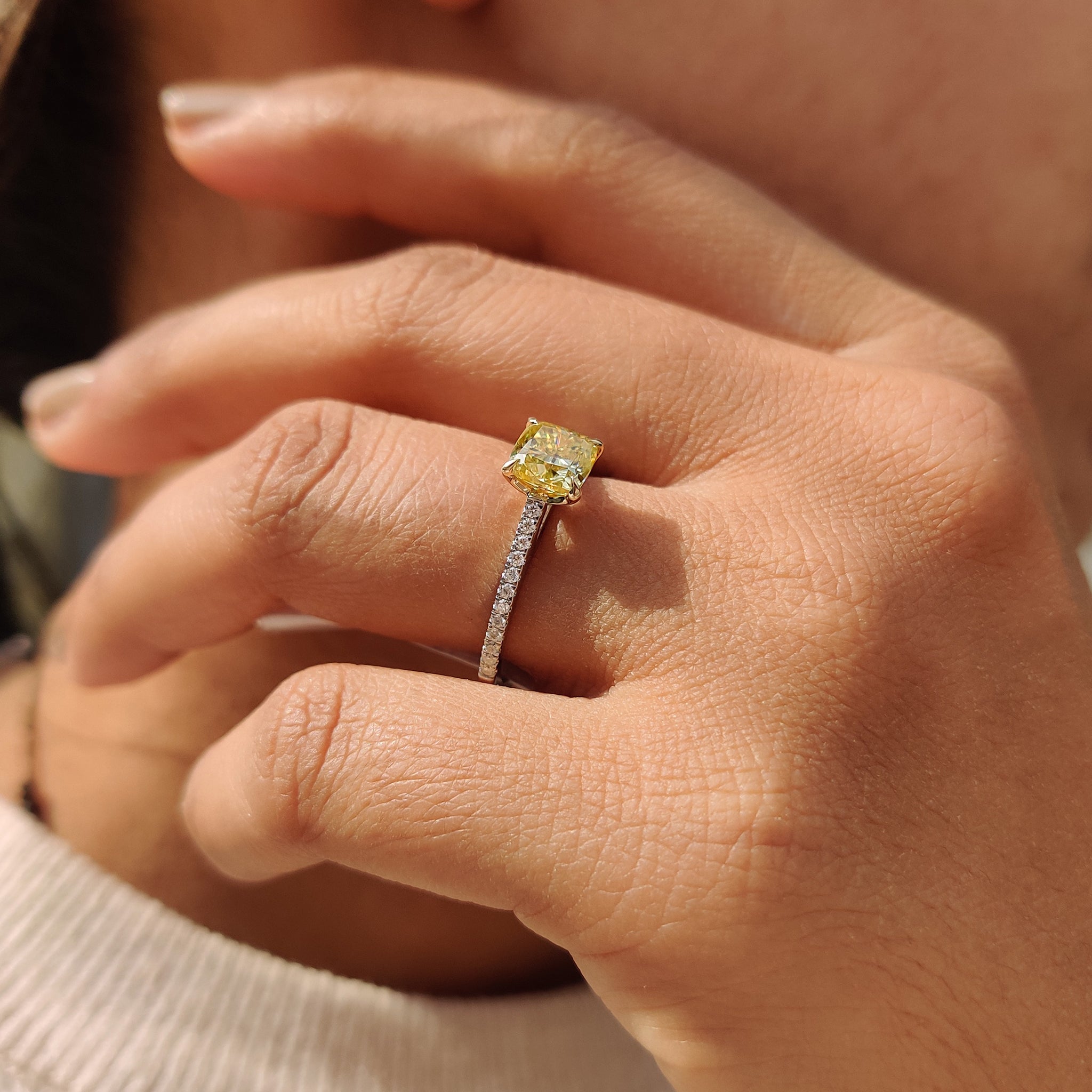 Moissanite Pave Ring With Cushion Canary Yellow Stone Secondary image