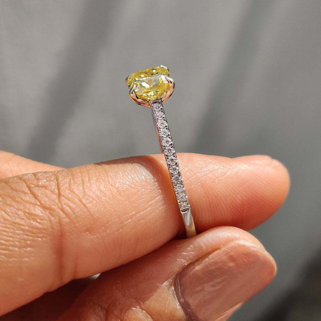 Moissanite Pave Ring With Cushion Canary Yellow Stone