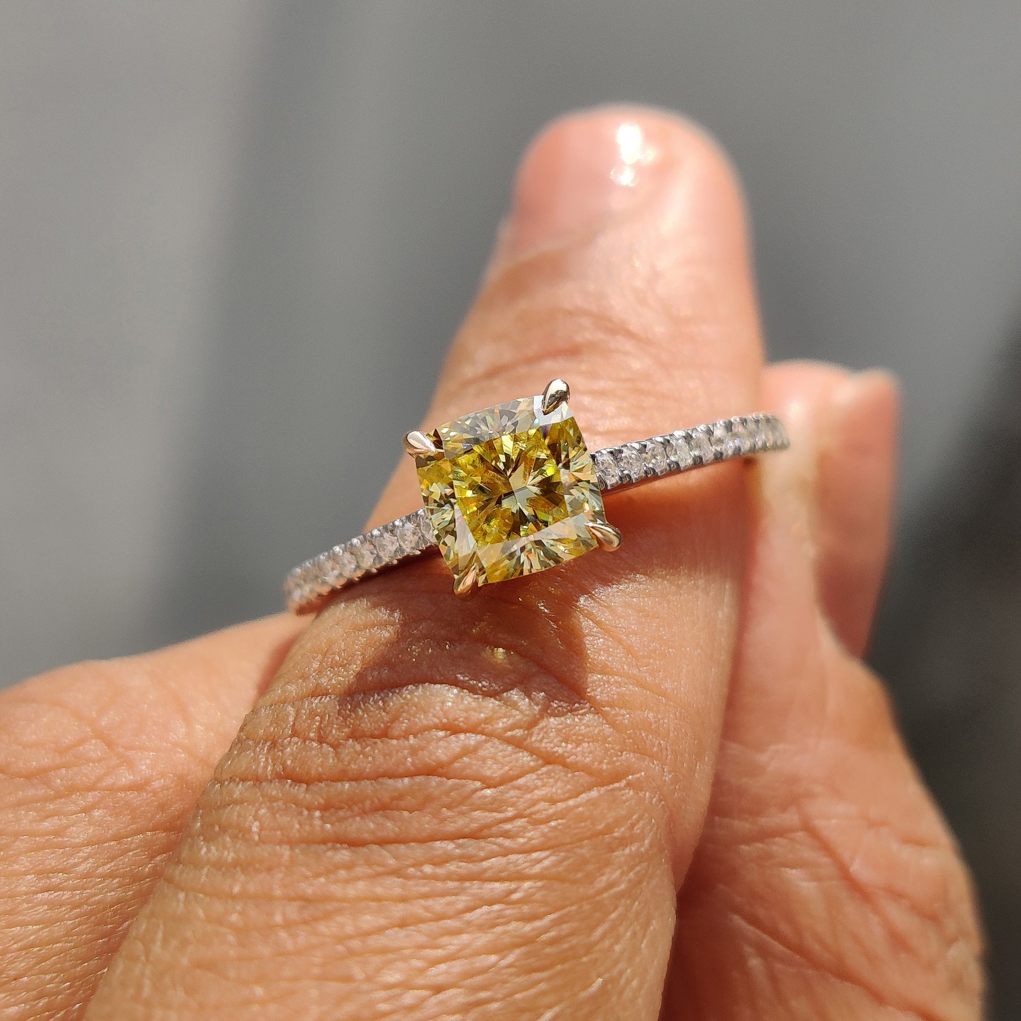 Moissanite Pave Ring With Cushion Canary Yellow Stone Main image