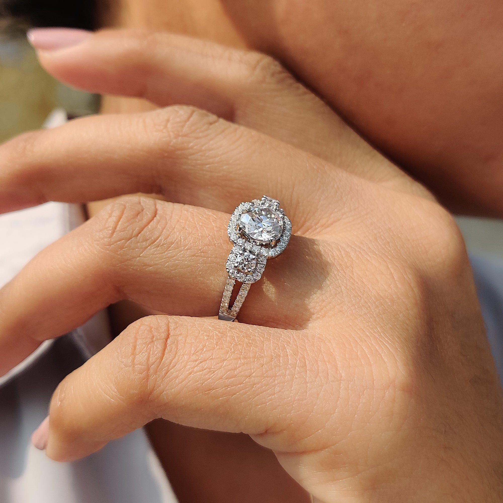 Round Cut Moissanite Engagement Ring in Split Pave Set