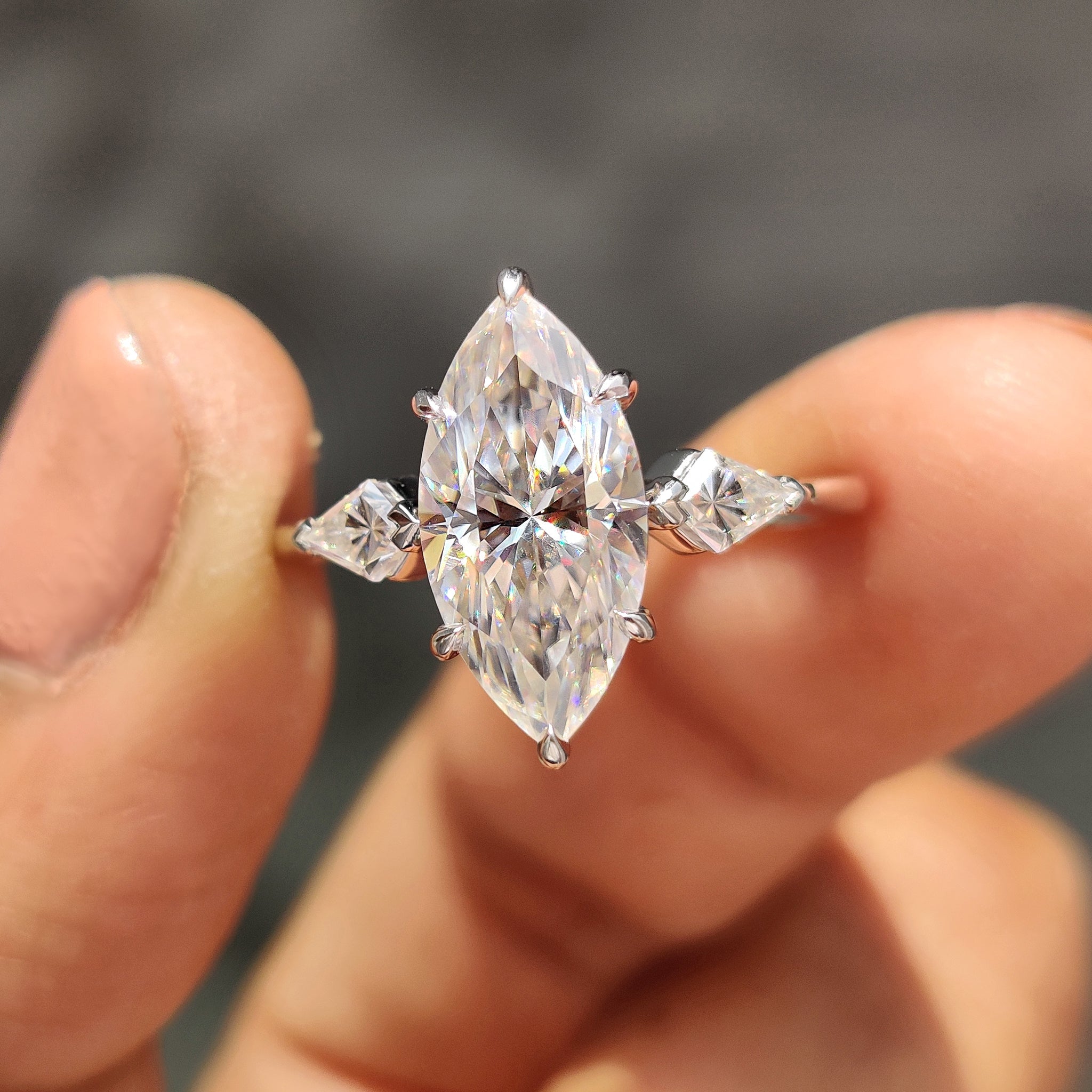 Marquise Moissanite Ring With 2 Kite Side Stone