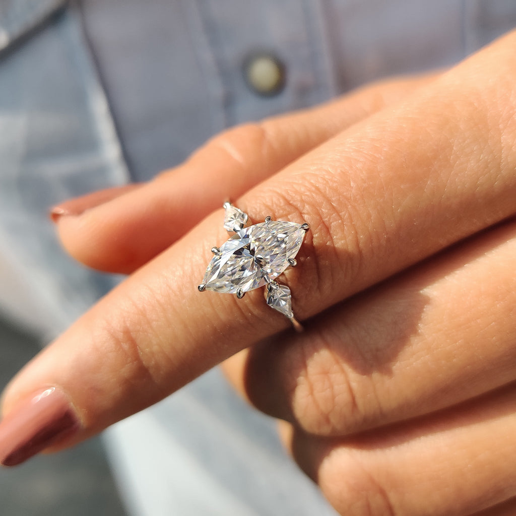 Marquise Moissanite Ring With 2 Kite Side Stone