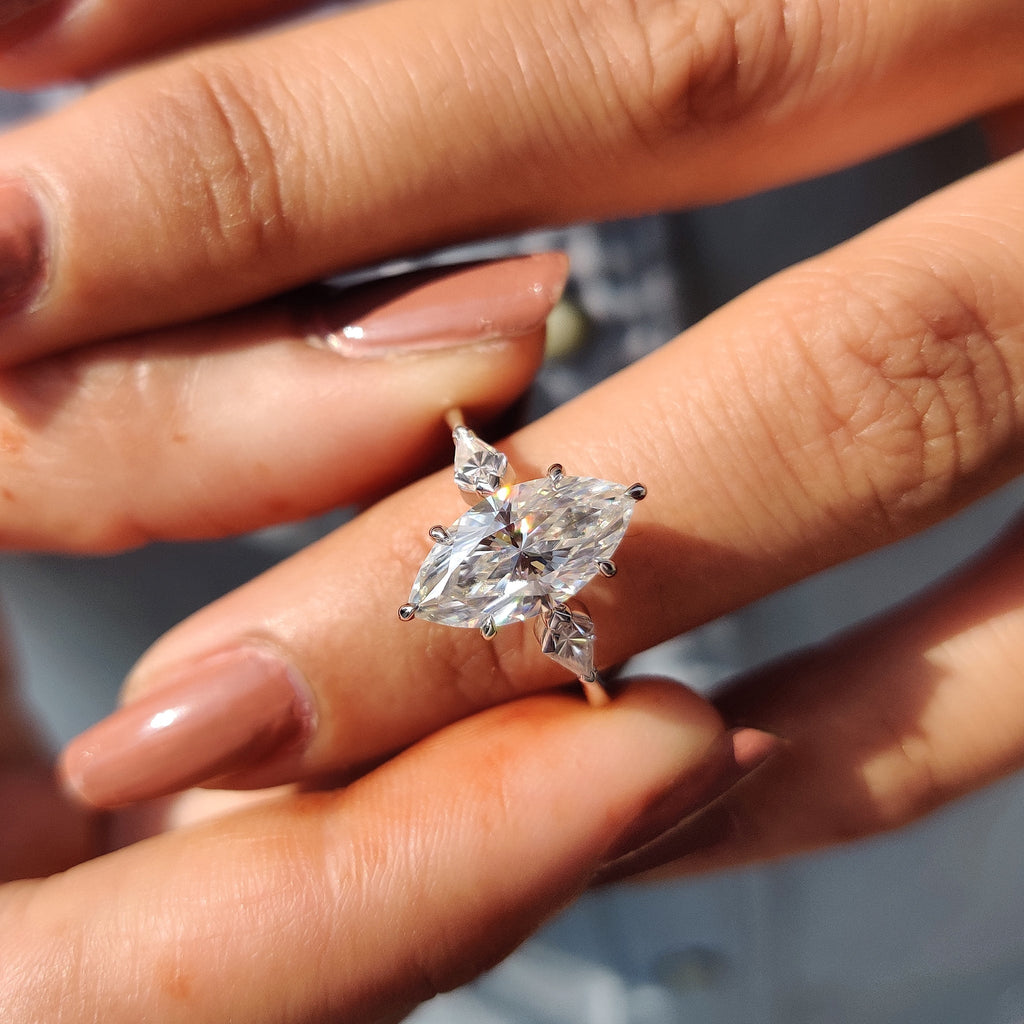 Marquise Moissanite Ring With 2 Kite Side Stone