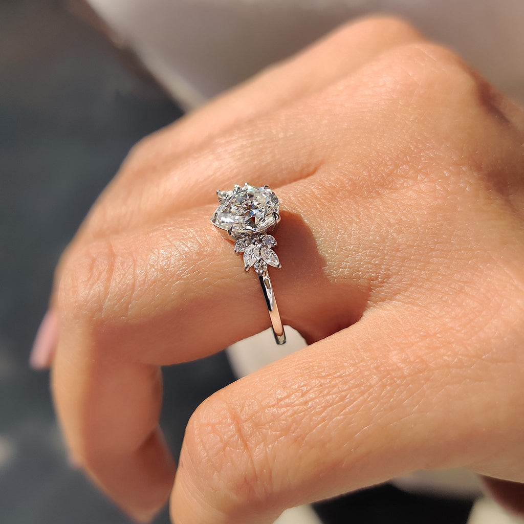 Moissanite Pear Ring With Marquise And Round Cut Side Stone