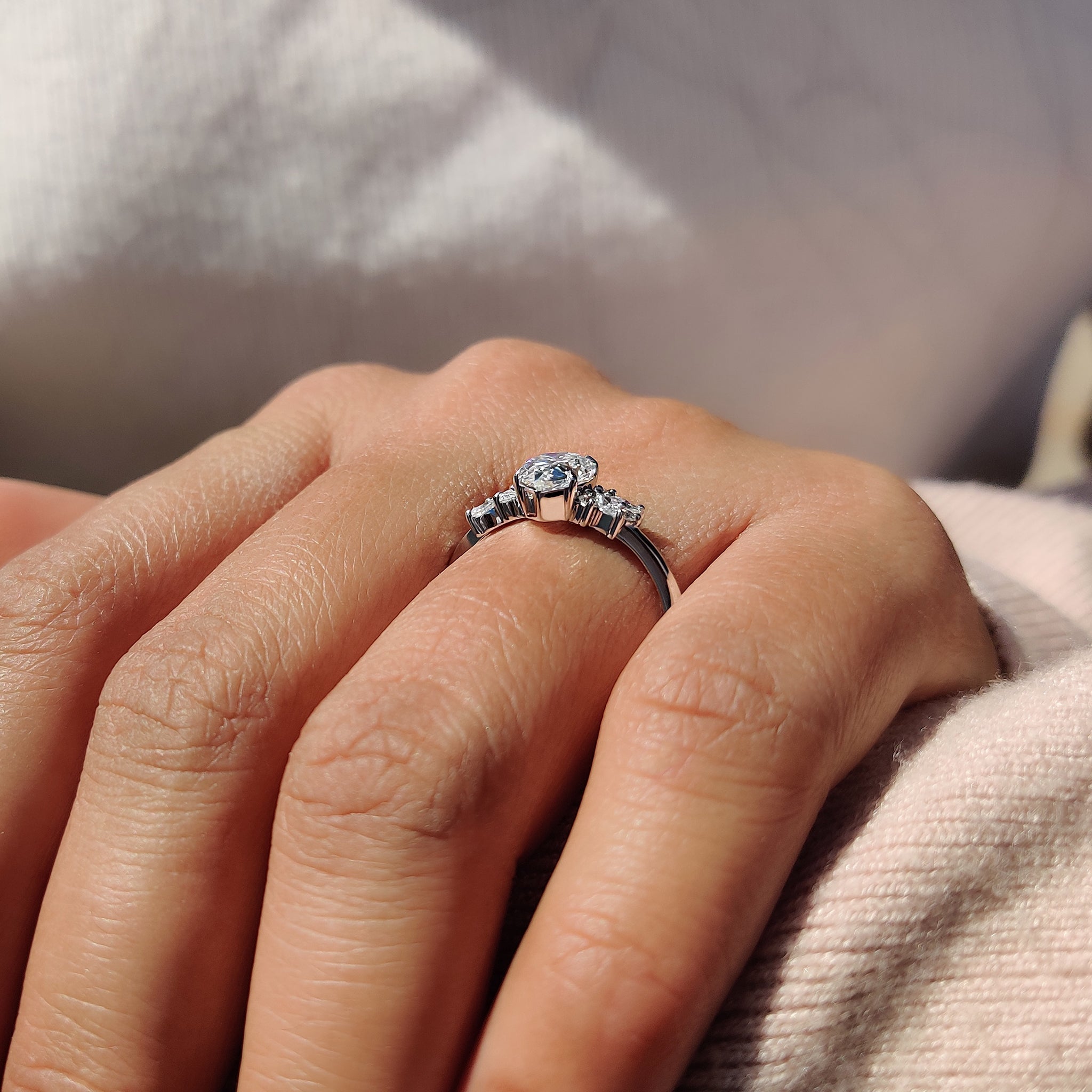 Moissanite Pear Ring With Marquise And Round Cut Side Stone