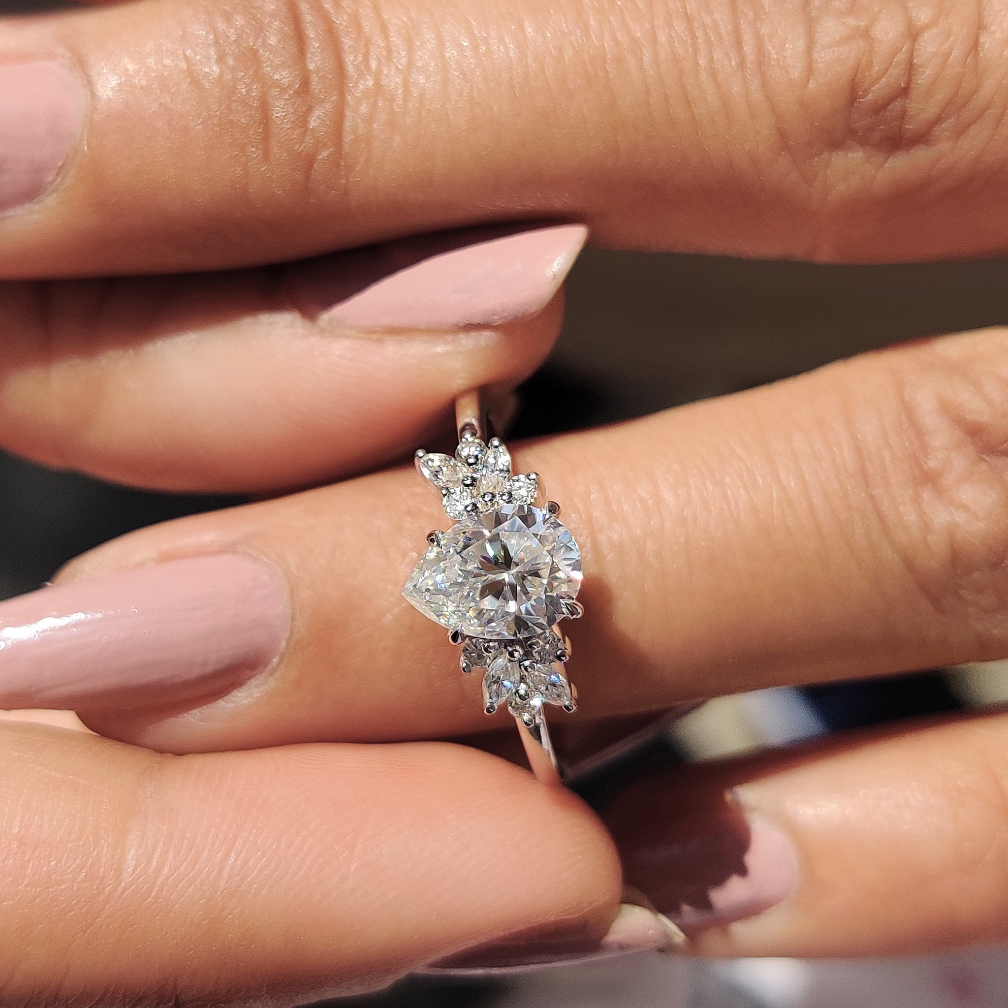 Moissanite Pear Ring With Marquise And Round Cut Side Stone