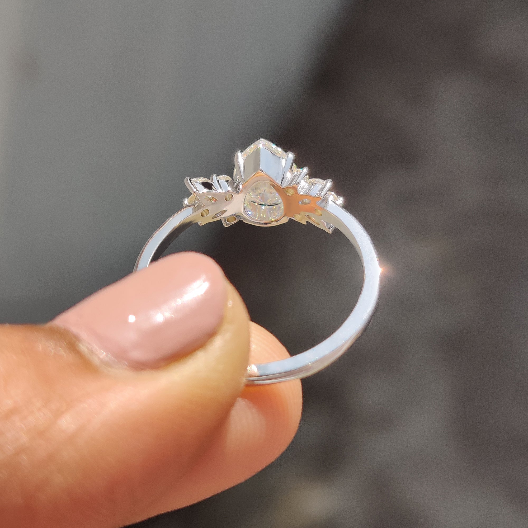 Moissanite Pear Ring With Marquise And Round Cut Side Stone