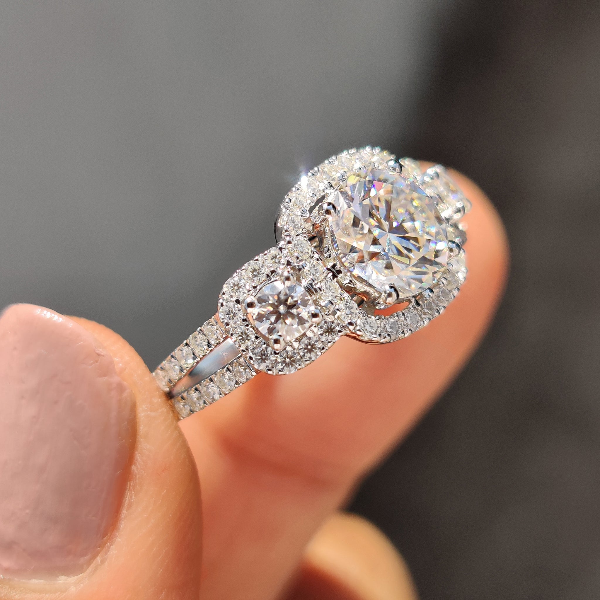 Round Cut Moissanite Engagement Ring in Split Pave Set