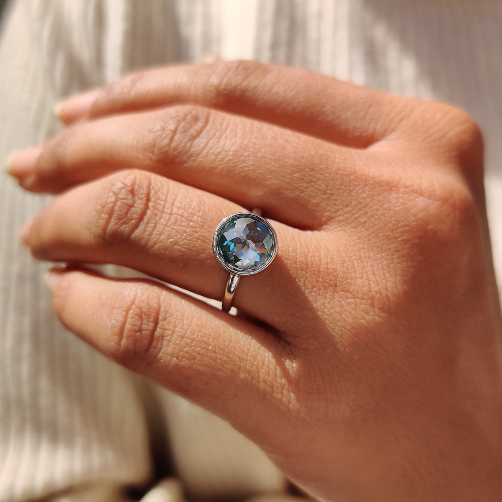 Green Round Rose Cut Solitaire Ring in Bezel Setting Style