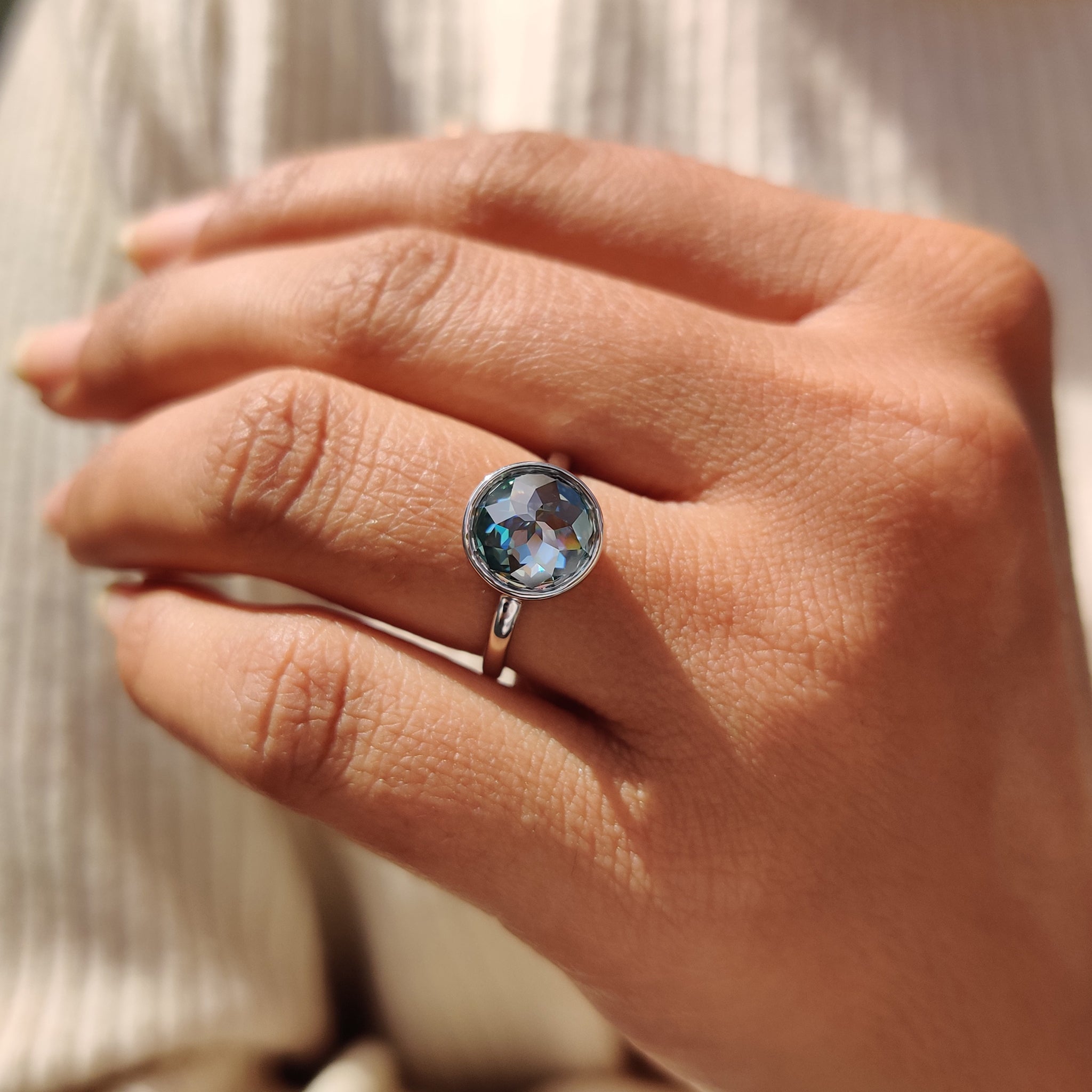 Green Round Rose Cut Solitaire Ring in Bezel Setting Style