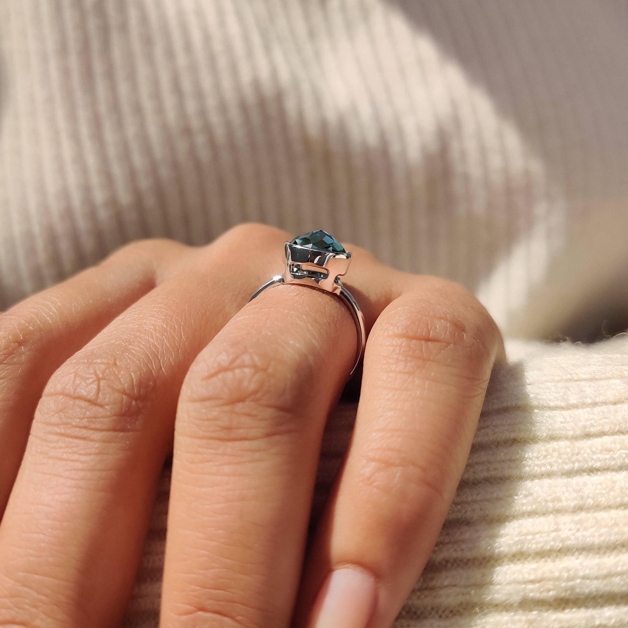 Green Round Rose Cut Solitaire Ring in Bezel Setting Style