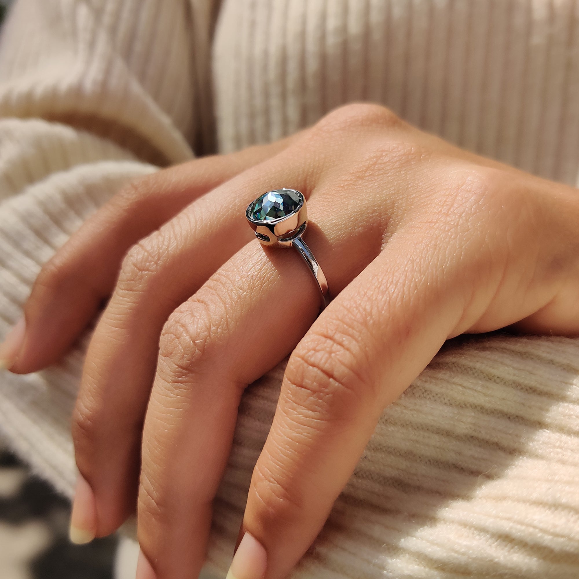 Green Round Rose Cut Solitaire Ring in Bezel Setting Style