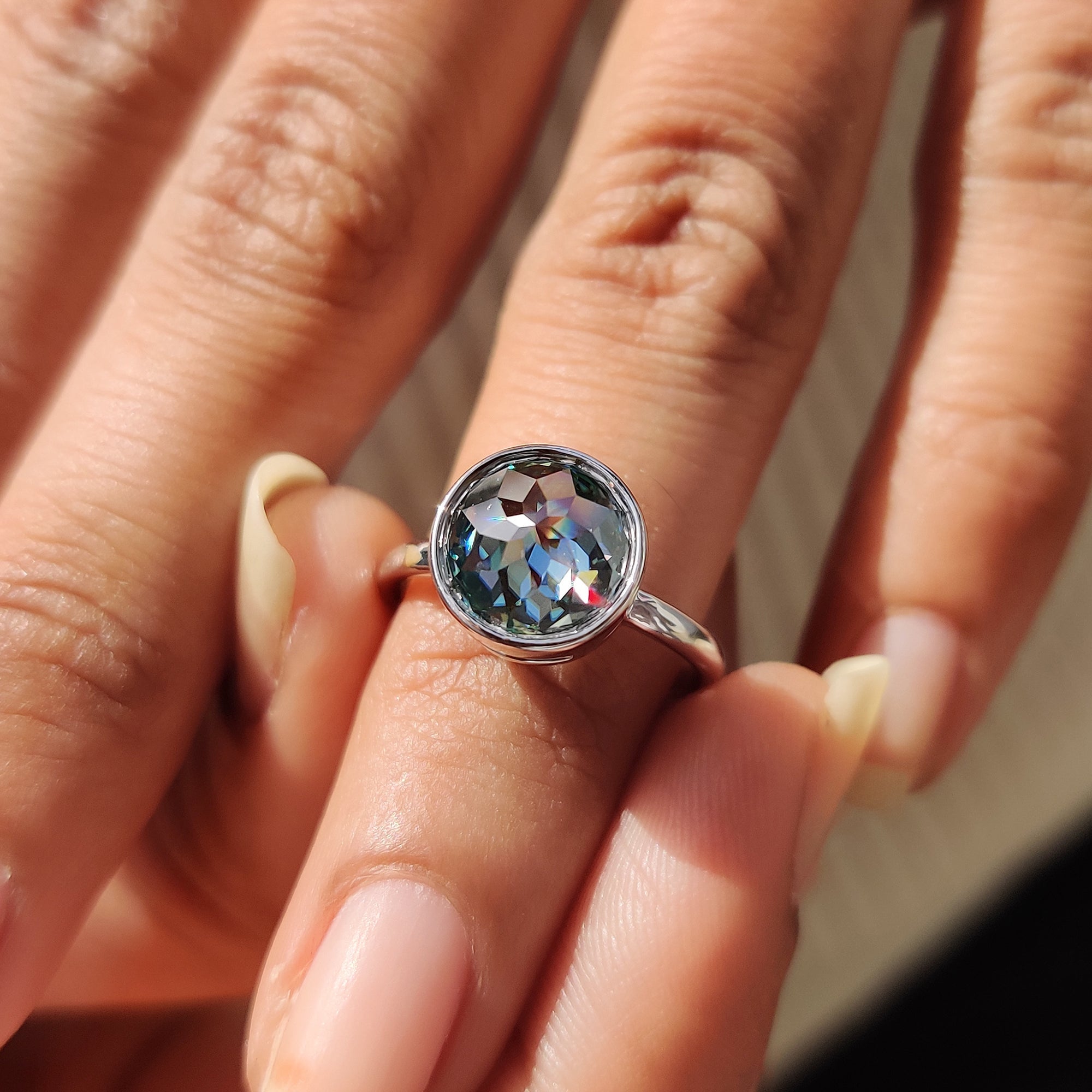 Green Round Rose Cut Solitaire Ring in Bezel Setting Style