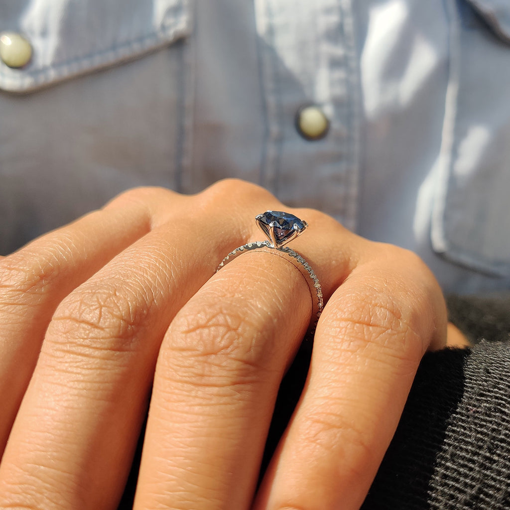 Royal Dark Blue Round Pave Engagement Ring
