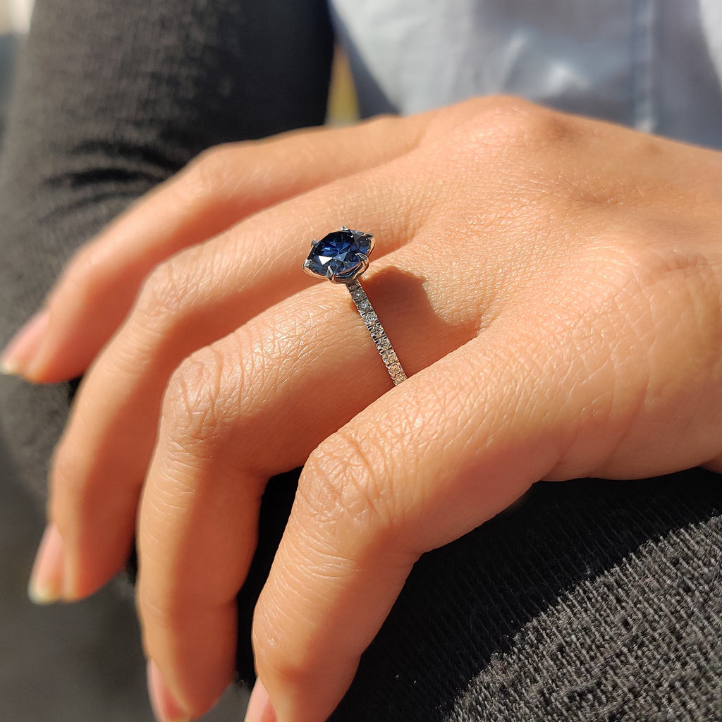 Royal Dark Blue Round Pave Engagement Ring