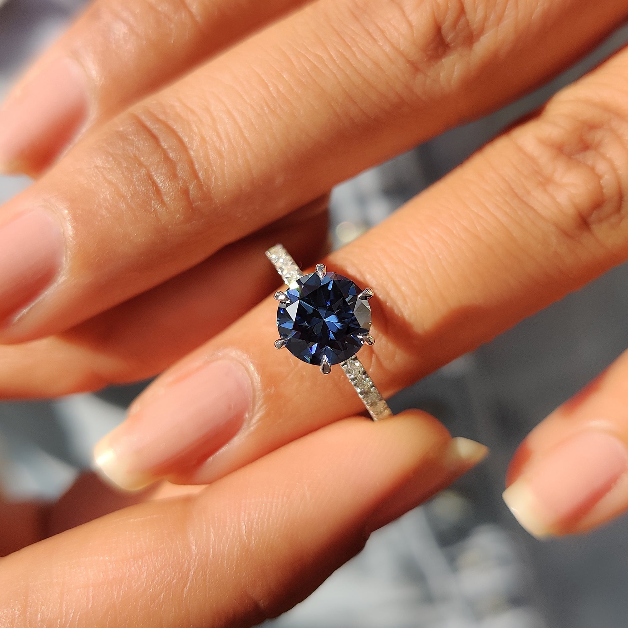 Royal Dark Blue Round Pave Engagement Ring