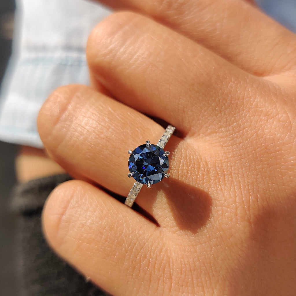 Royal Dark Blue Round Pave Engagement Ring