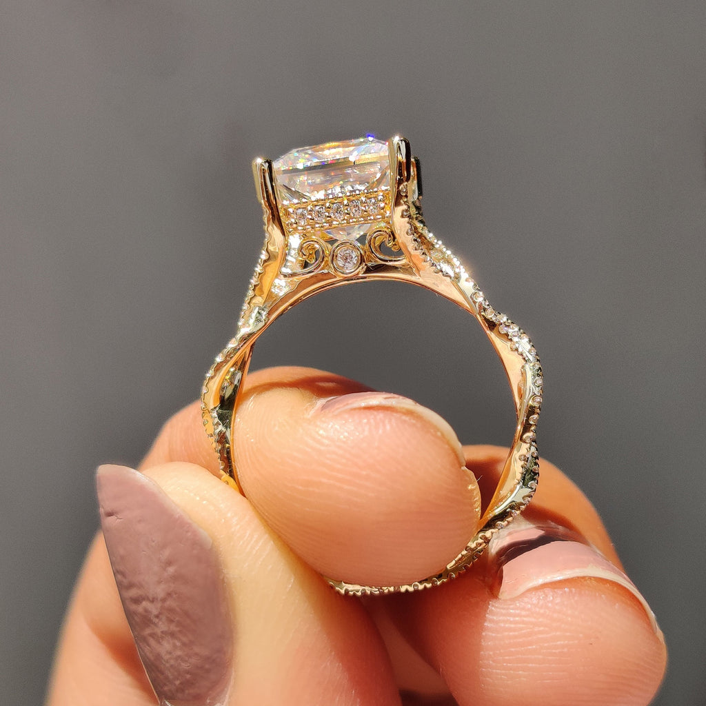 Princess Cut Moissanite Engagement Ring in Peekaboo Ring Style