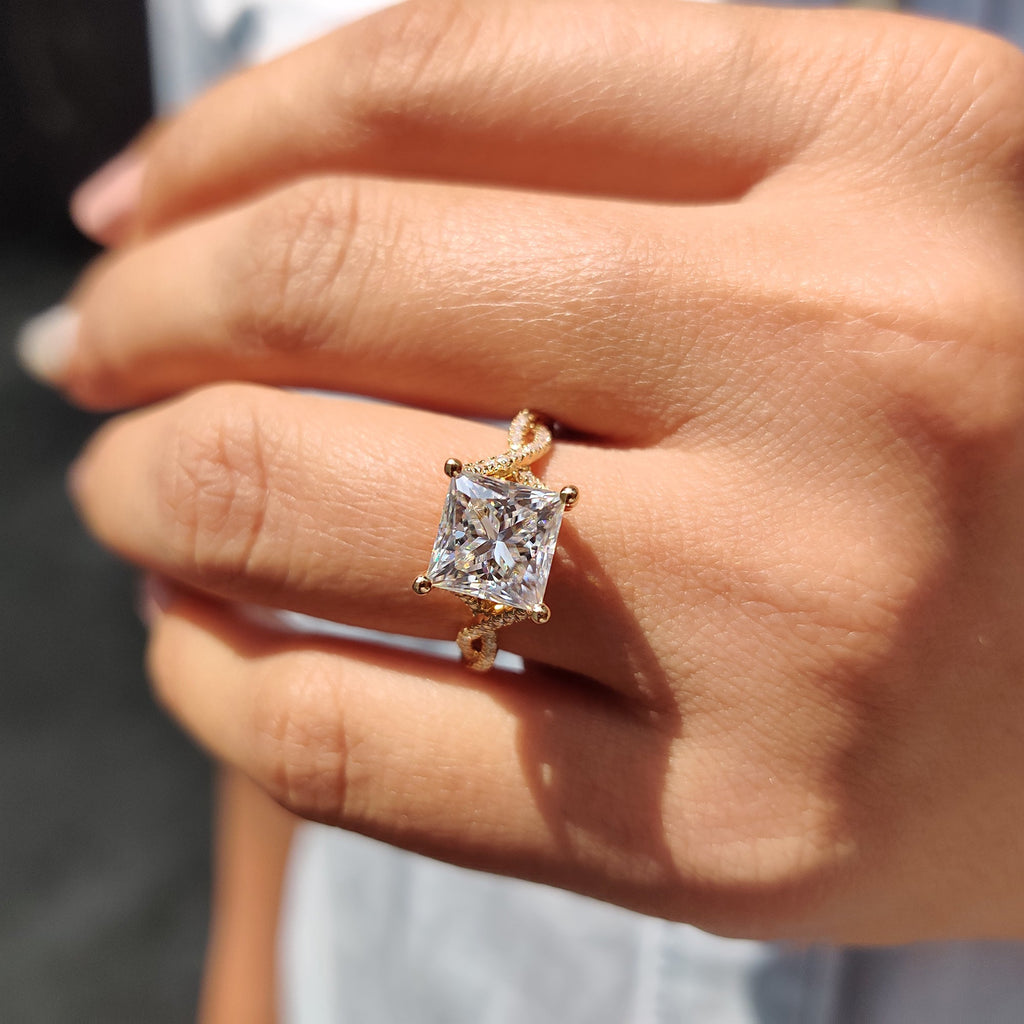Princess Cut Moissanite Engagement Ring in Peekaboo Ring Style