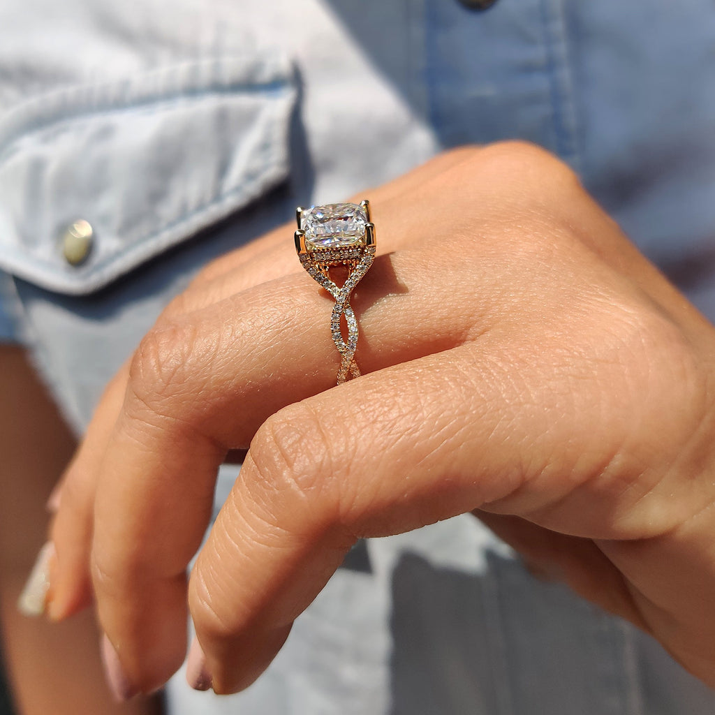 Princess Cut Moissanite Engagement Ring in Peekaboo Ring Style