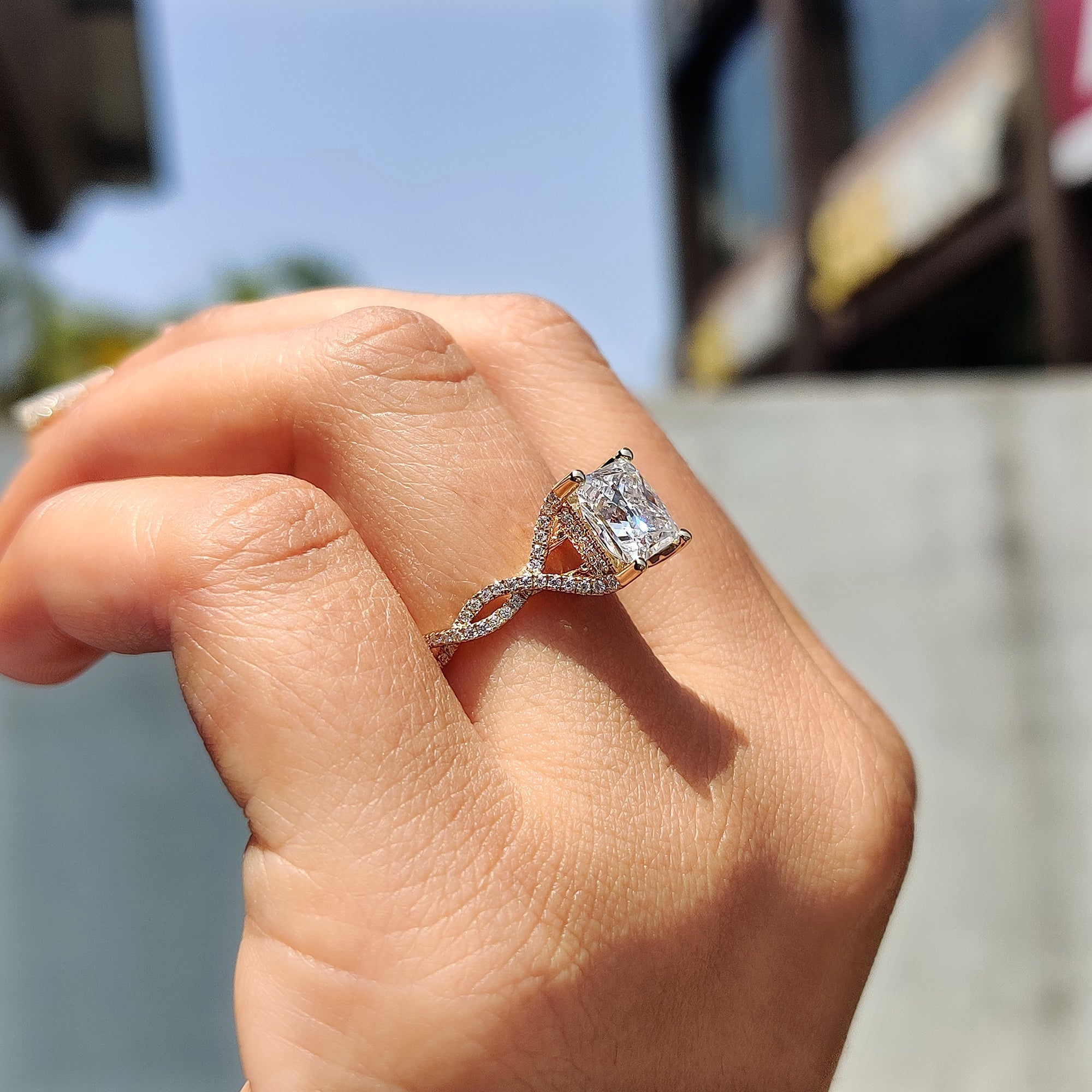 Princess Cut Moissanite Engagement Ring in Peekaboo Ring Style
