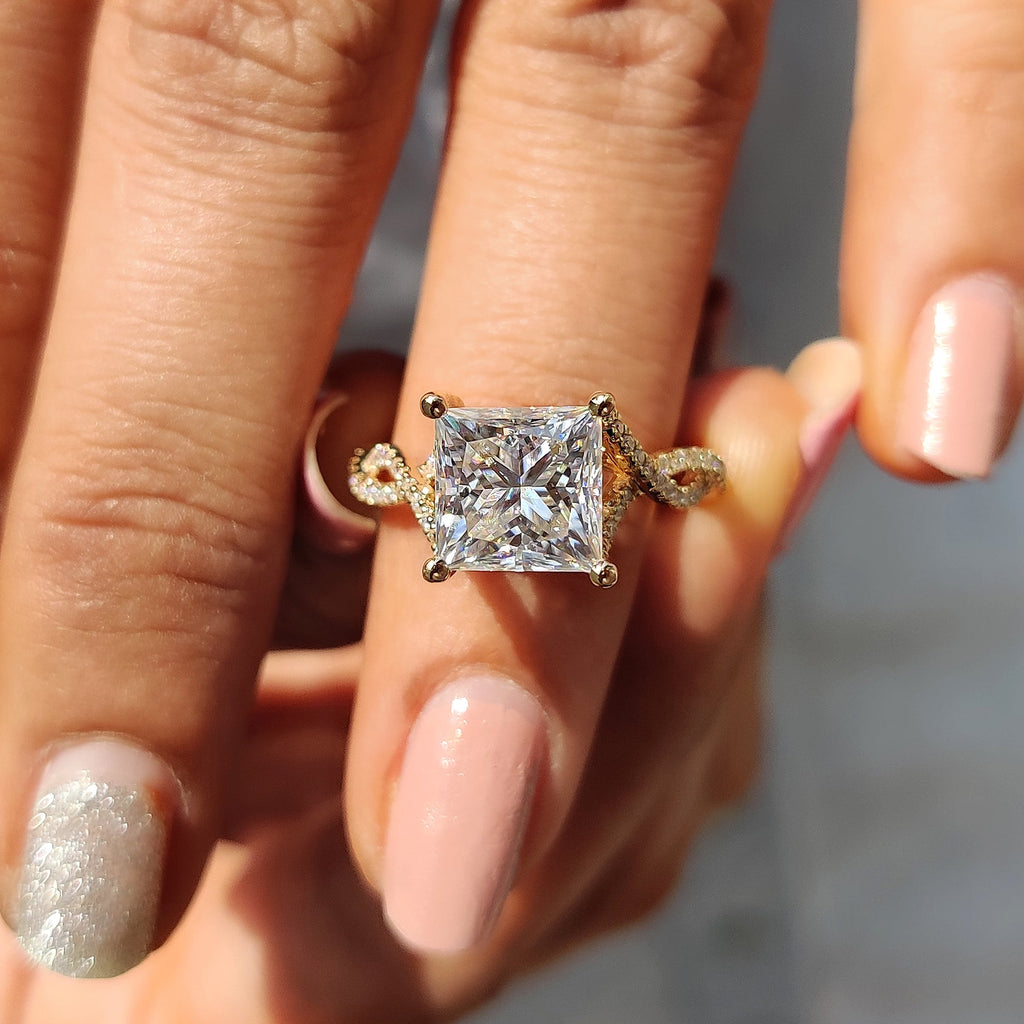 Princess Cut Moissanite Engagement Ring in Peekaboo Ring Style