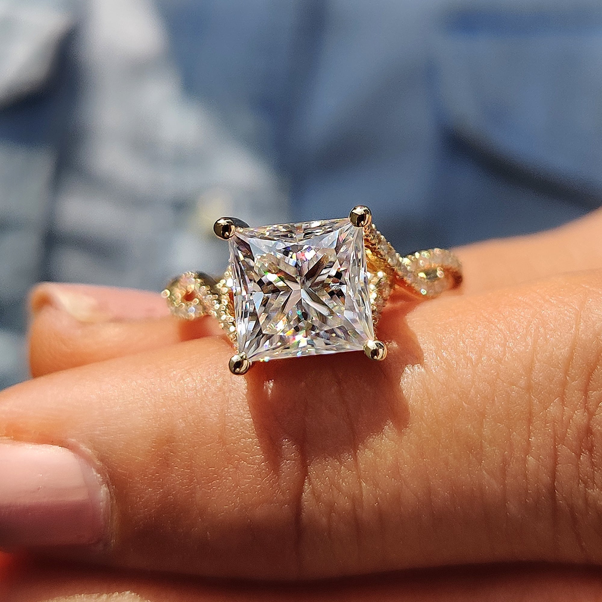 Princess Cut Moissanite Engagement Ring in Peekaboo Ring Style