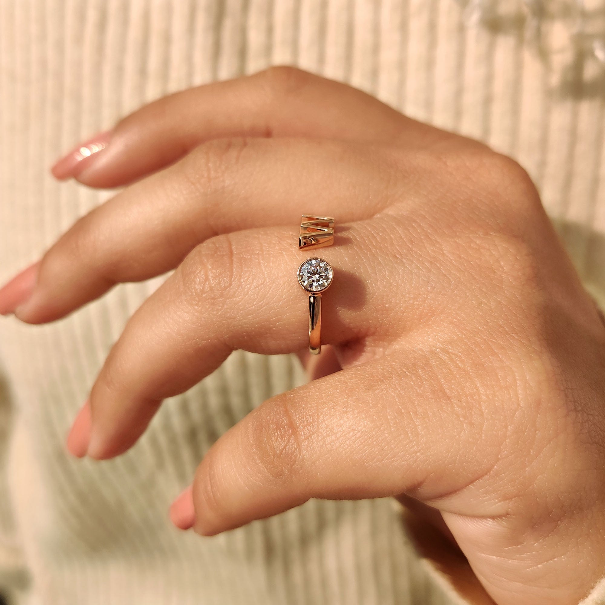 Bezel Set Round Cut Open Gap Ring Set With Personalized Letter