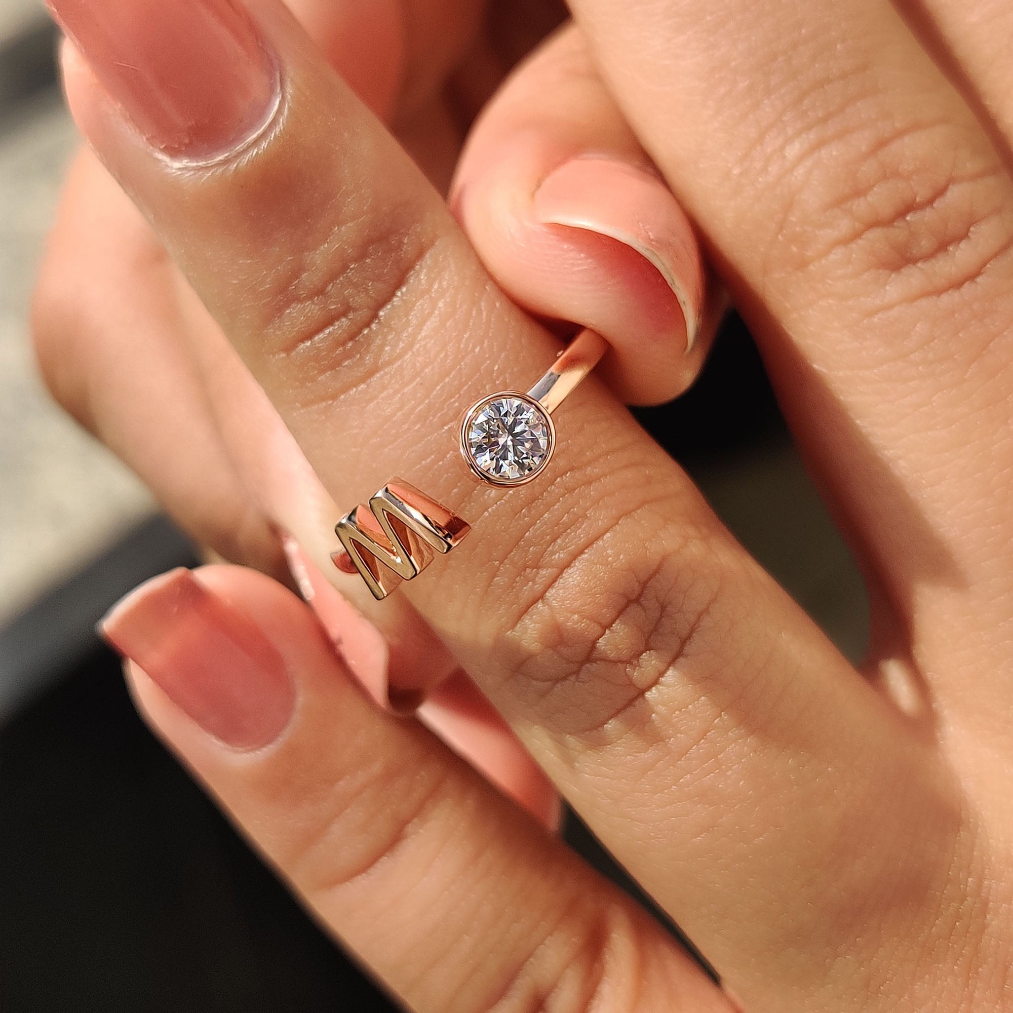 Bezel Set Round Cut Open Gap Ring Set With Personalized Letter