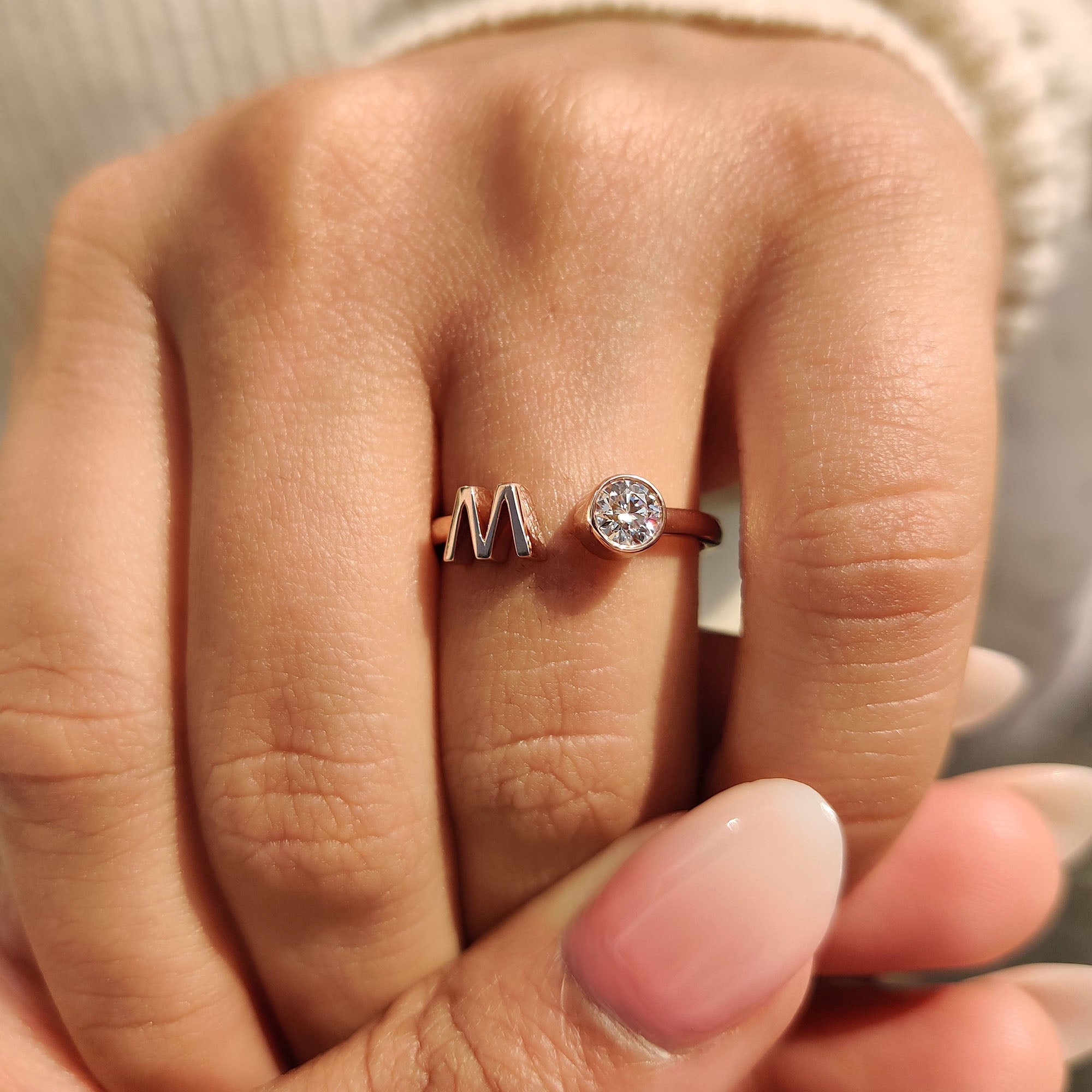 Bezel Set Round Cut Open Gap Ring Set With Personalized Letter