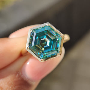 Step Cut Hexagon Engagement Ring with Cyan Blue Stone