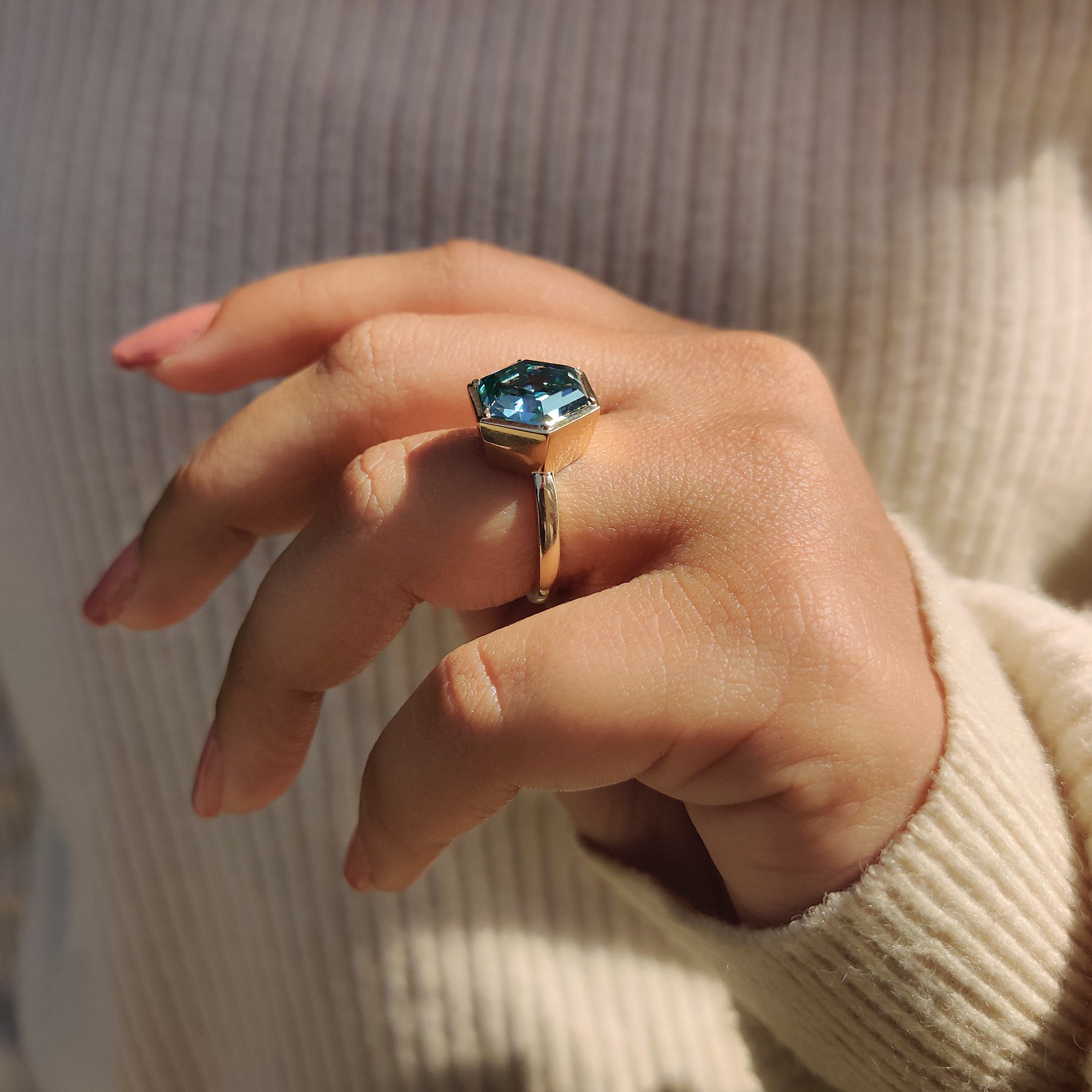 Step Cut Hexagon Engagement Ring with Cyan Blue Stone