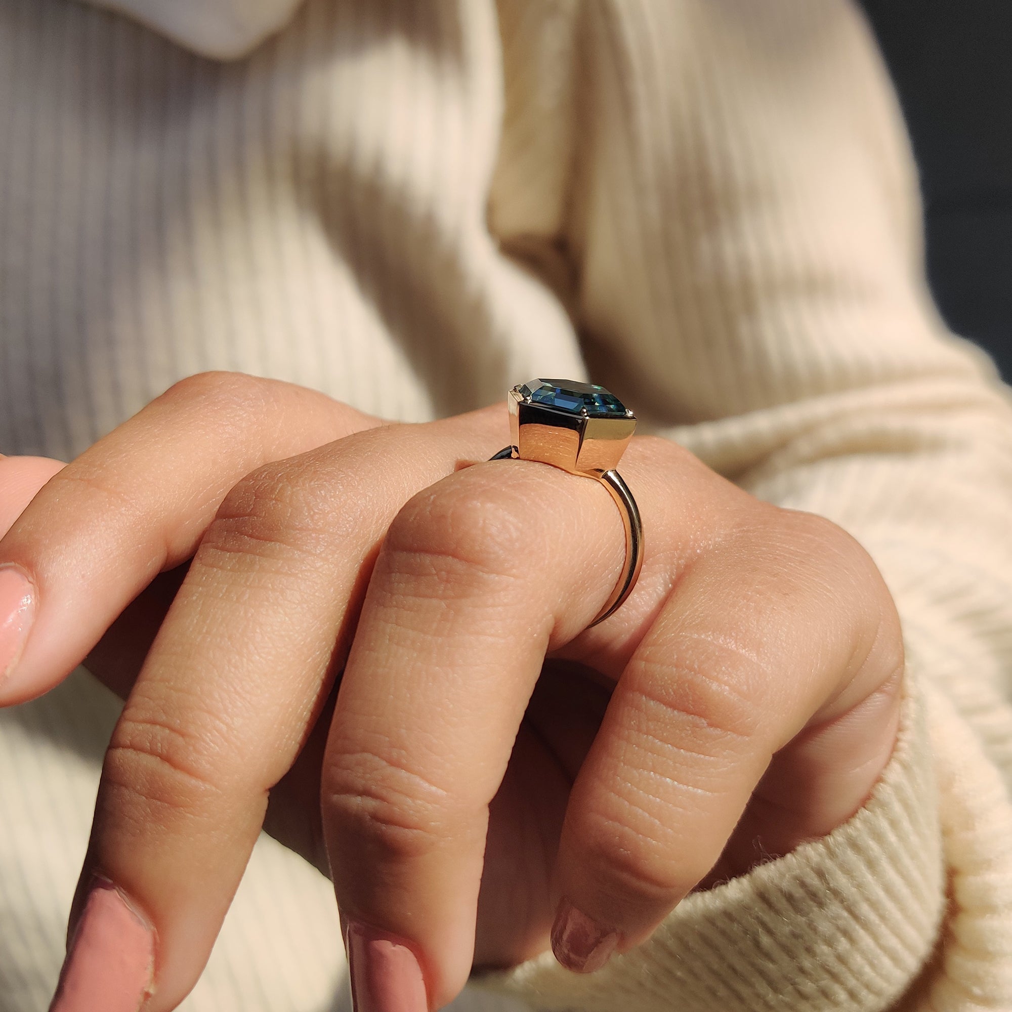 Step Cut Hexagon Engagement Ring with Cyan Blue Stone