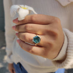 Step Cut Hexagon Engagement Ring with Cyan Blue Stone