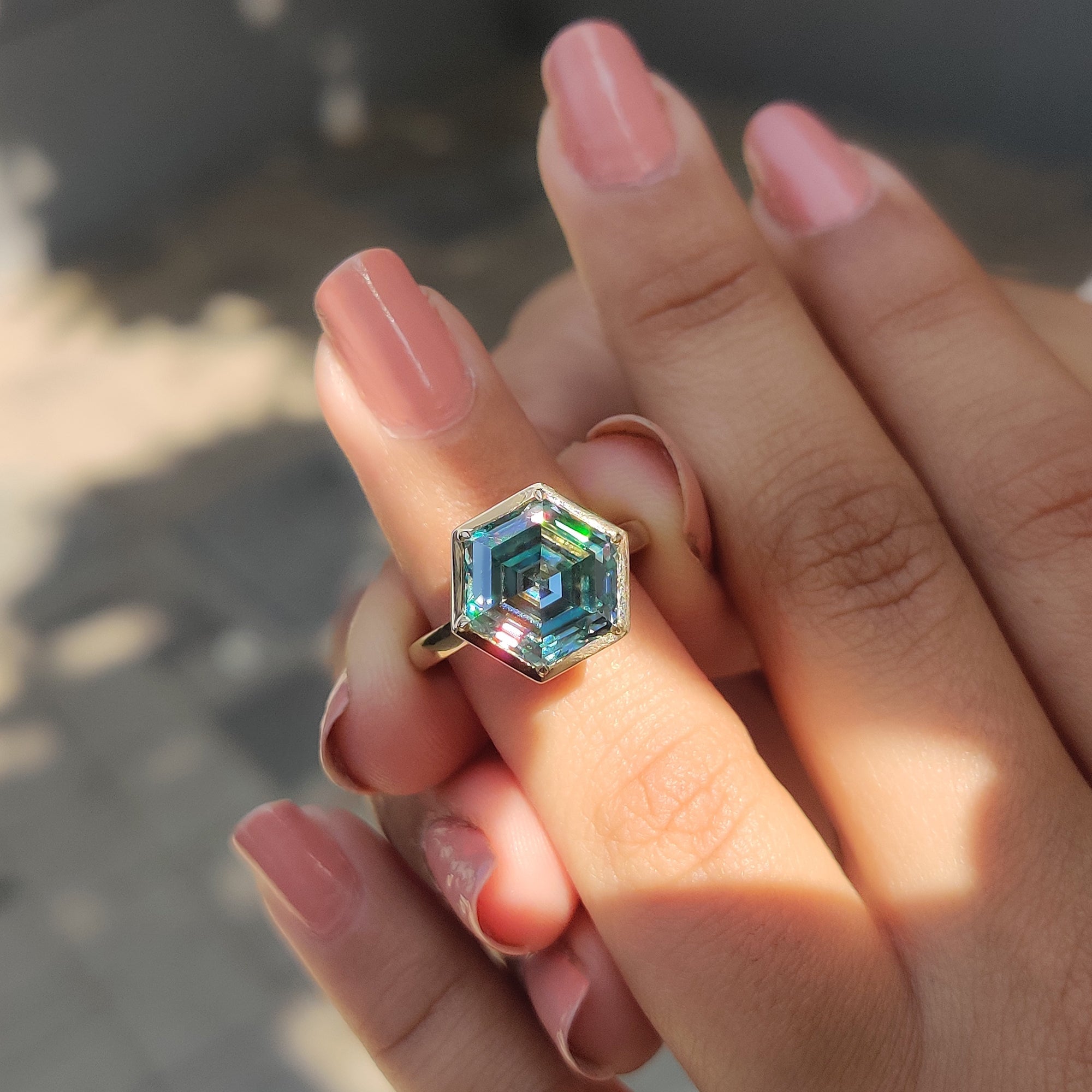 Step Cut Hexagon Engagement Ring with Cyan Blue Stone