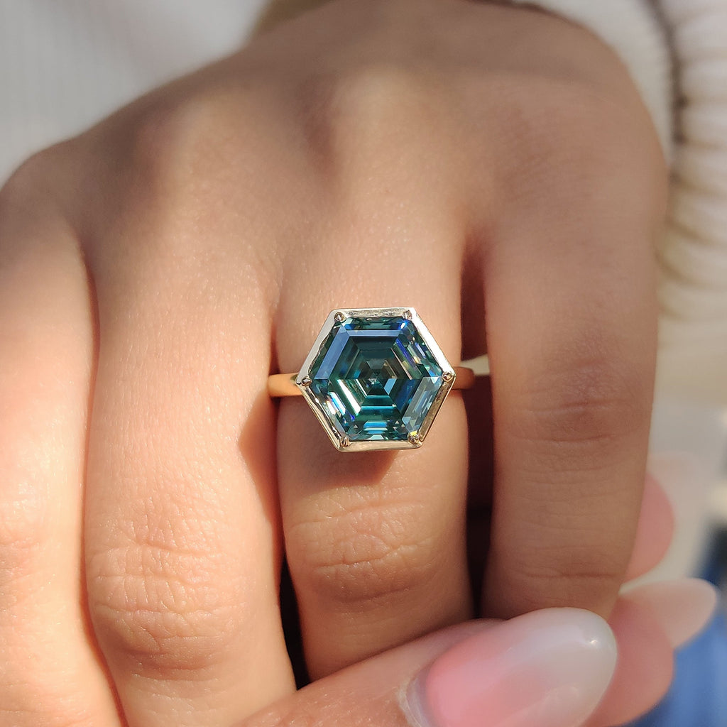 Step Cut Hexagon Engagement Ring with Cyan Blue Stone