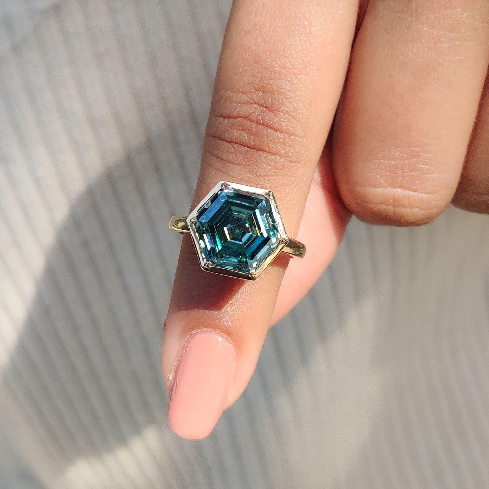 Step Cut Hexagon Engagement Ring with Cyan Blue Stone