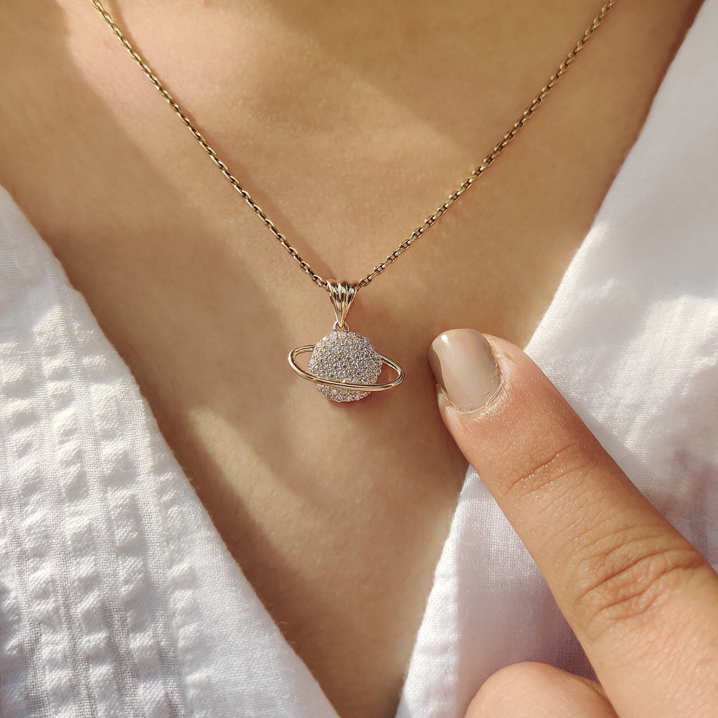 Round Diamond Gold Saturn Pendant