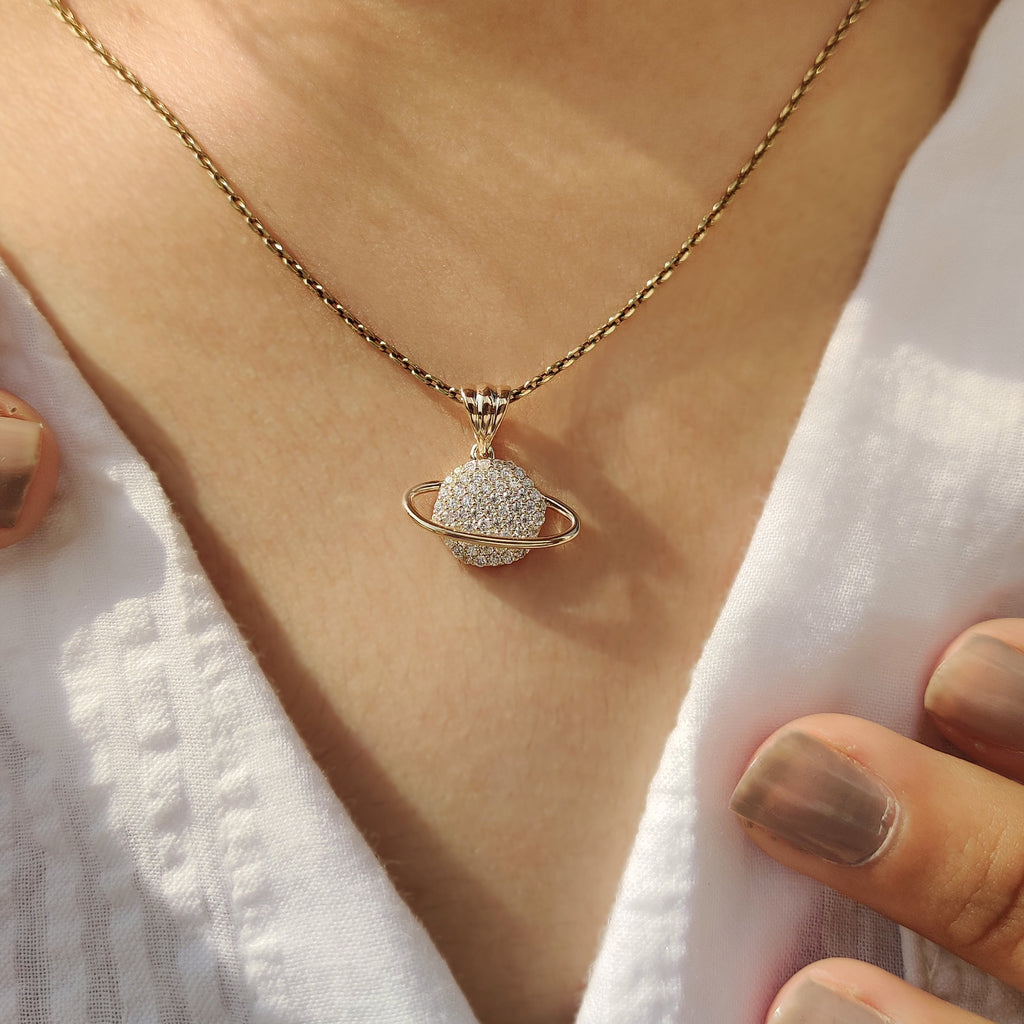 Round Diamond Gold Saturn Pendant